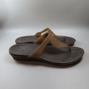 Women's Crocs Rio #16266 brown synthetic T-strap Style thong flip flops size 9